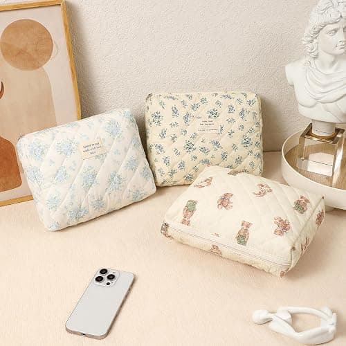 Quilted Cotton Makeup Bag 2Pcs Coquette Cosmetic Bag,Large Soft Floral Travel Toiletry Bag for Women and Girls (01Bear) thumbnail 4
