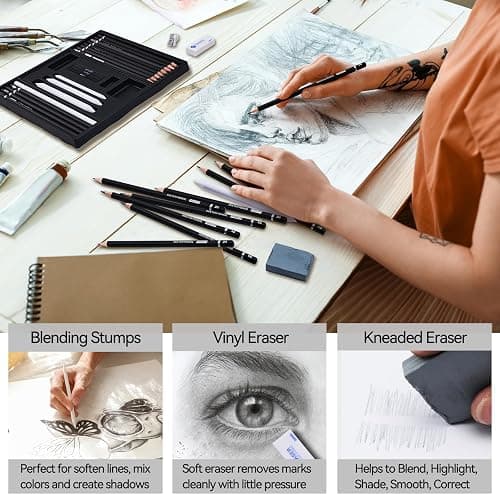 PANDAFLY Drawing Sketching Pencil Set, 22 Piece Pro Art Pencil Kit - Graphite Pencils (12B-2H), Black and White Charcoal Pencils, Charcoal Sticks, Stumps, Eraser, Sharpeners thumbnail 6