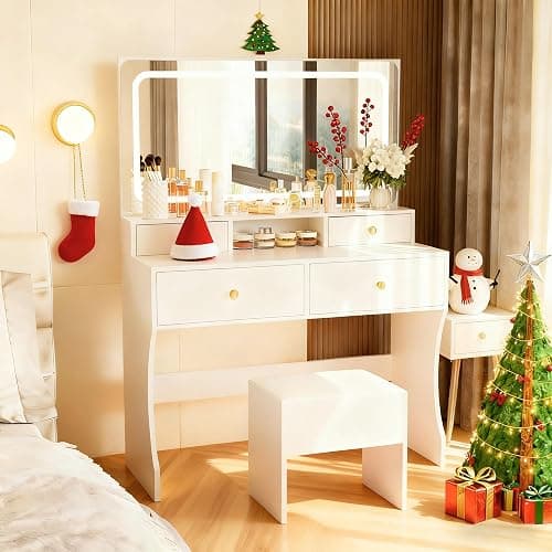 Pamapic Golden Handles Vanity Desk with Mirror and Lights, 4 Drawers Makeup Vanity with Charging Station, 3 Lighting Modes Upgraded Silent Slides Vanity Desk with Storage Stool thumbnail 9