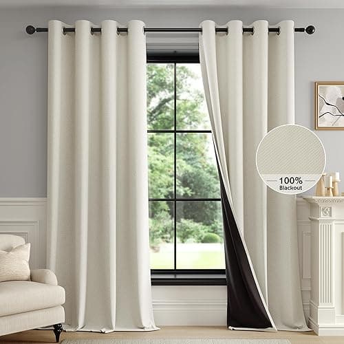 FMFUNCTEX 100% Blackout Beige Curtains 84 Inches for Bedroom, 2 Panels | Black out Drapes, Thermal Insulated Noise Reducing, Textured Weave, Room Darkening, Window Curtain, for Living Room,Grommet - Image 1