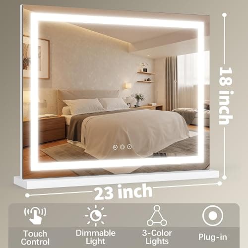 FENNIO 23" x 18" Vanity Mirror with Lights，LED Makeup Mirror，Hollywood Mirror with 3 Color Modes & Adjustable Brightness，Vanity Mirror Square White thumbnail 2