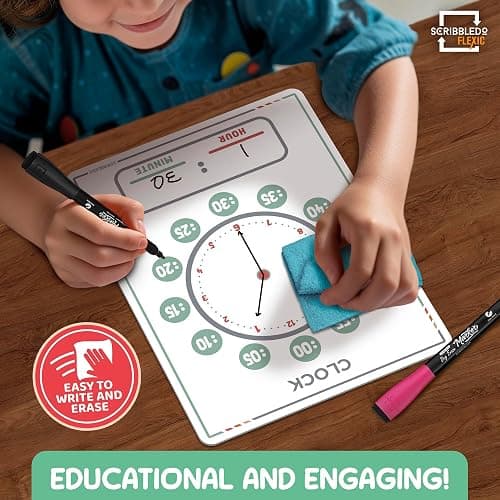Scribbledo 10 Pack Telling Time Teaching Sheets - 9'x12' Dry Erase Learning Clocks for Kids Homeschooling Supplies thumbnail 7