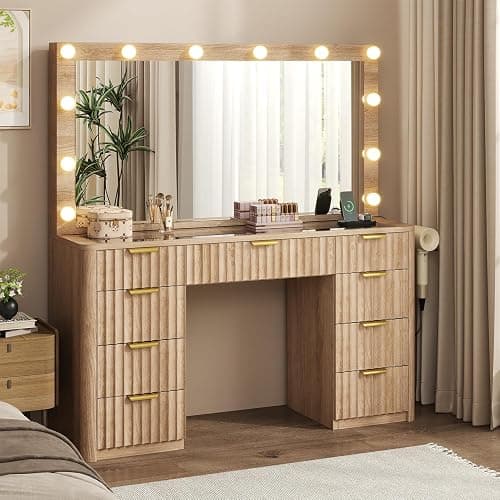 47" Fluted Vanity Desk with 42" Mirror & LED Lights, Large 9 Drawers Makeup Vanity Table with Tempered Glass Top & Charging Station, Waterfall Edge Design for Women&Girls, Bedroom or Dorm, Natural Oak thumbnail 8