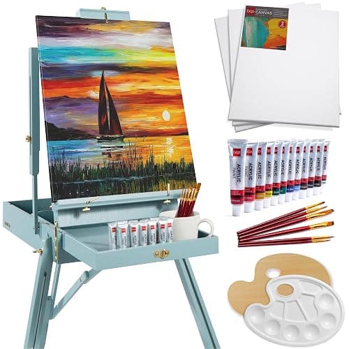 Best Choice Products French Easel, 32pc Beginners Kit Portable Wooden Folding Adjustable Sketch Box Artist Tripod for Painting, Drawing w/Acrylic Paints, Brushes, Canvases, Palettes - Blue - Image 1