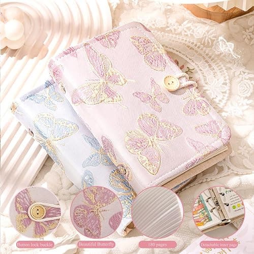 WREWING A6 Binder Embroidered Flower Journal, Rope-Tied Button Binding Notebook, Refillable 6 Ring Binder, 180 Pages Paper, Personal Planner Binders for Daily & Study Arrange (Pink-Butterfly-A6) thumbnail 5