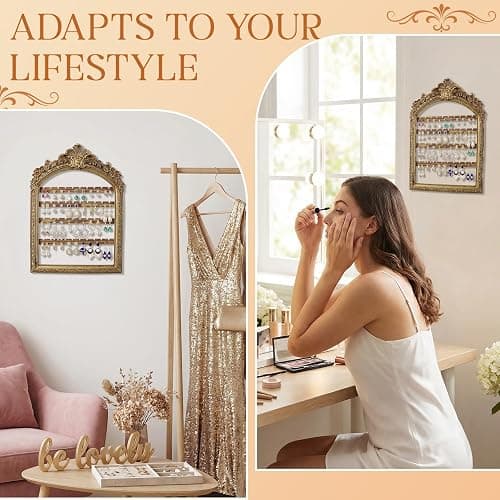 Fiwochic 1 Pcs 10 x 6.9'' Wall Hanging Earring Holder Organizers Vintage Arched Frame 4 Layer Wall Mounted Jewelry Holder Decorative Retro Baroque Stud Earring Display (Gold) thumbnail 6