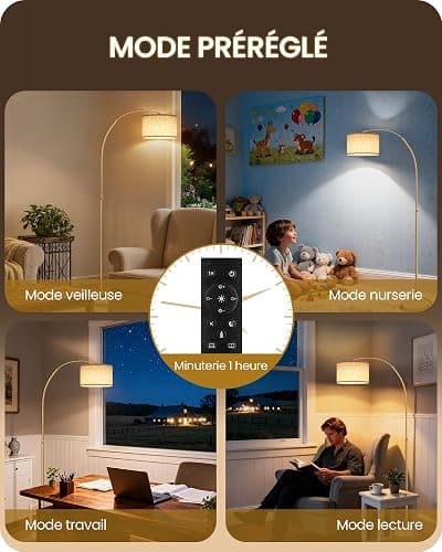 GOEBLESON Lampadaire de salon arc, lampe arquée réglable en hauteur de 158 à 188 cm, lampadaire à intensité variable avec télécommande, avec ampoule LED, beige noir, pour chambre à coucher thumbnail 7