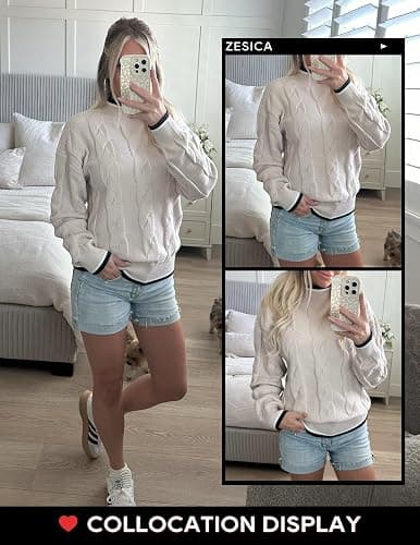 ZESICA Women's Casual Long Sleeve Mock Neck Cable Knit Contrast Color Fall 2025 Winter Chunky Pullover Sweater thumbnail 4