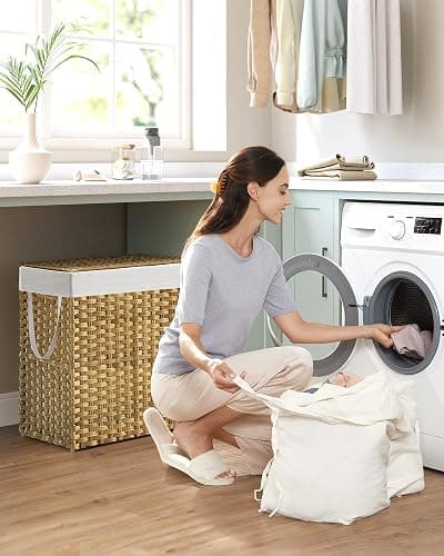 SONGMICS Laundry Hamper with Lid, 110L Clothes Hamper with 2 Removable Liner Bags, 6 Mesh Bags, Wicker Laundry Basket, Double Laundry Hamper for Bathroom, 13 x 22.4 x 23.6 Inches, Natural ULCB52NL thumbnail 3