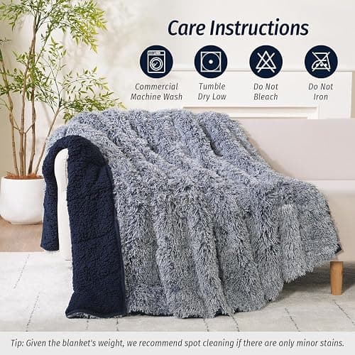 Wemore Shaggy Long Fur Faux Fur Weighted Blanket, Cozy and Plush Sherpa Long Hair Blanket for Adult 15lbs, Fluffy Fuzzy Sherpa Reverse Heavy Blanket for Bed, Couch, Backprint Navy Blue, 48 x 72 Inches thumbnail 8