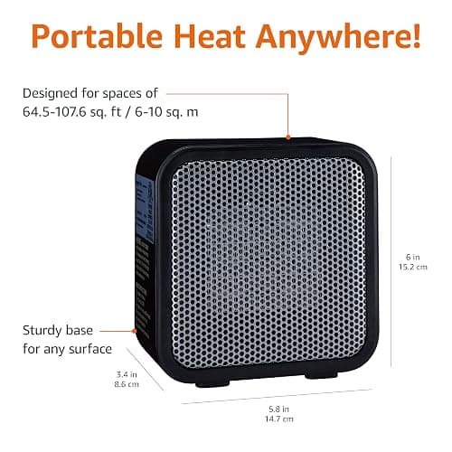 Amazon Basics Ceramic Space Heater, Mini Heater for Office Desk, Portable Tent Heater (Indoor Use), 500 W, With Tip-Over Protection, Lightweight (1.4 LBS), Black, 5.87”D x 3.15”W x 5.95”H thumbnail 3