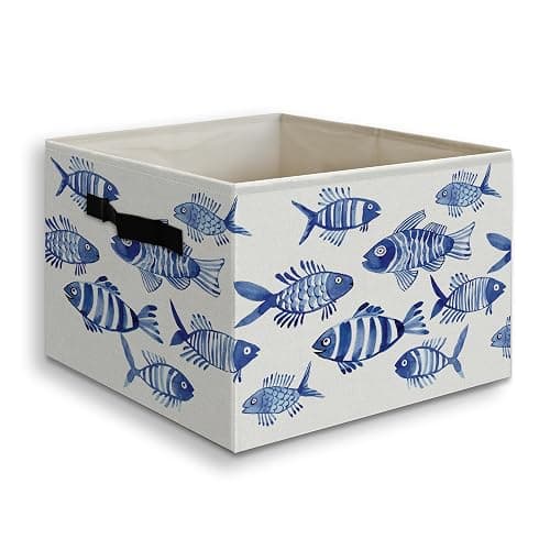 JUIOEIU Blue Fish Beach Coastal Foldable Storage Bins Box with Handles, Watercolor Ocean Animals Fish Beachy Collapsible Organizer Basket for Beach Bedroom Bathroom Clothes Toys Books - Image 1