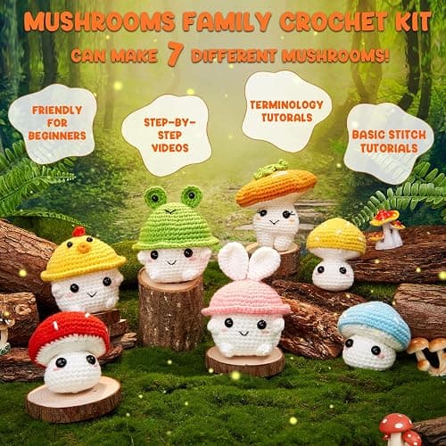 MAGIMUSE Crochet Kit for Beginners, Crochet Starter Kits for Adults Amigurumi Craft Knitting Crocheting Kits with Step-by-Step Video Tutorials, Mushroom Family(40%+ Yarn thumbnail 2