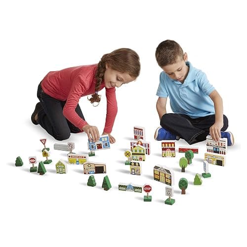 Melissa & Doug Wooden Town Play Set with Storage Tray (32 pcs) Pretend Play Wooden Town Set for Kids with Storage thumbnail 3