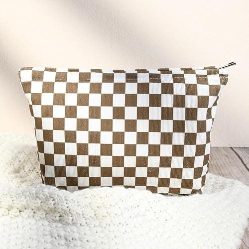 SOIDRAM 2 Pcs Checkered Makeup Bag Large Cosmetic Bag Toiletry Bag Makeup Pouch Travel Bag Organizer Cute Makeup Brushes Aesthetic Accessories Storage Bag for Women Coffee Brown thumbnail 5