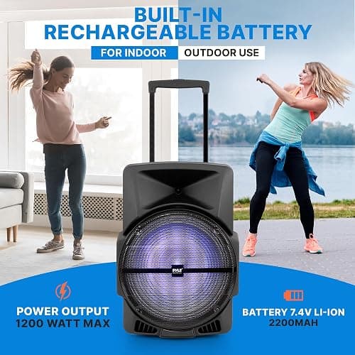 Wireless Portable PA Speaker System -1200W High Powered Bluetooth Compatible Indoor and Outdoor DJ Sound Stereo Loudspeaker w/USB SD MP3 AUX 3.5mm Input, Flashing Party Light & FM Radio -PPHP1544B thumbnail 5