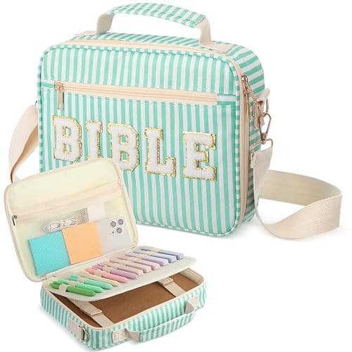 Dansydaisy Bible Cover Case for Women Large Chenille Letter Stripe Church Bible Bag with Shoulder Strap for Women(Green) - Image 1