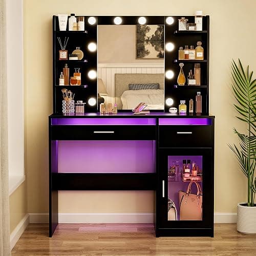 HUAHUU Vanity Desk with Mirror and Lights, Makeup Vanity Desk with Lights 3 Colors, Transparent Top Vanity with 2 RGB Drawers, 6 Shelves, Large Tempered Cabinet, Power Outlet, for Bedroom, Black thumbnail 8