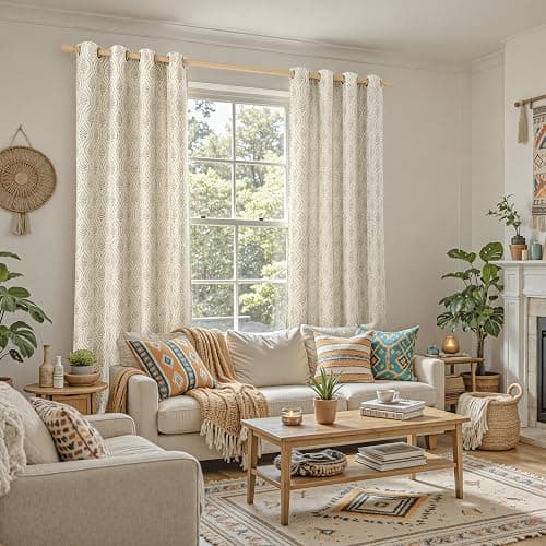 BGment Beige Linen Curtains for Living Room, French Country Leaf Jacquard Botanical Pattern Cottage Core Boho Vintage Grommet Light Filtering Semi Sheer Linen Curtains, 2 Panels, 52 x 84 Inch thumbnail 2
