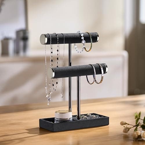Josmimic Schmuck Organizer mit 2 Ebenen - Schwarz Schmuckständer Armbänder, Abnehmbarer T-Steg Schmuck Ständer, Samt-Armbandhalter, Schmuckhalter für Armband, Halskette, Uhren, Ringe thumbnail 5