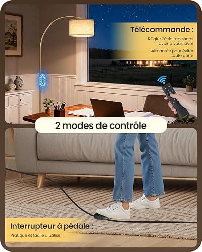 GOEBLESON Lampadaire de salon arc, lampe arquée réglable en hauteur de 158 à 188 cm, lampadaire à intensité variable avec télécommande, avec ampoule LED, beige noir, pour chambre à coucher thumbnail 2