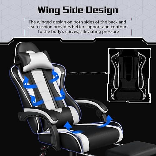 Yaheetech Gaming Chair, Video Game Chair with Massage Lumbar Support and Footrest Height Adjustable Ergonomic Computer Gaming Chair with Swivel Seat and Headrest, Black/White thumbnail 7