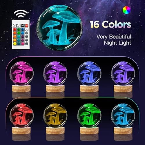 YYLZEPHB 3D Crystal Ball Night Light with Wooden Base, Mushroom Glass Ball Lamp with 16 Colors and Remote Control - Cool Desk Decor Gift for Kids and Friends thumbnail 2