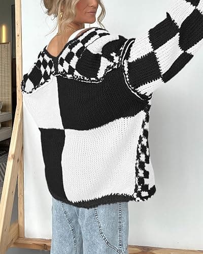 BTFBM Casual Cardigan Sweater for Women Fall 2025 Long Sleeve Open Front Chunky Knit Sweaters Checkered Outwear Coat thumbnail 7