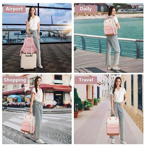 School Backpack for Women Teen Girls - 15.6 inch Laptop Backpack with USB Charger Waterproof College Bookbag Casual Daypack Computer Backpack for Work Travel Backpacks for Teacher Nurse Pink Beige thumbnail 6