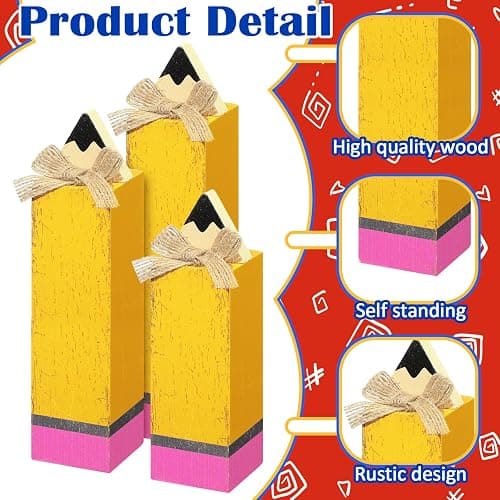 Yuntau 3 Pcs Back to School Tabletop Decoration, Wooden Pencil Block Signs | Rustic First Day of School Decor, Classroom Decorations for Teacher Desk, Table Centerpieces, Tiered Tray, Appreciation Gift thumbnail 5