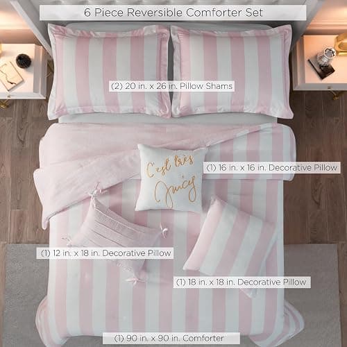Juicy Couture Cabana Stripe Reversible Bedding Set - Queen/Full Size - Dogwood Pink/White Stripe Print – 6 Piece Set – Includes 1 90" x 90" Comforter, 3 Decorative Pillows, 2 Shams thumbnail 3