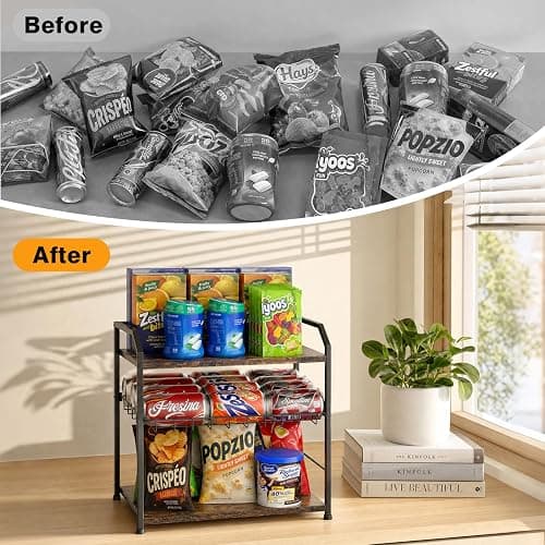3 Tier Adjustable Snack Organizer for Countertop Wood Metal Rack | Large capacity snack stand, adjustable shelf & stable feet for kitchen pantry, office snack station & retail candy thumbnail 7