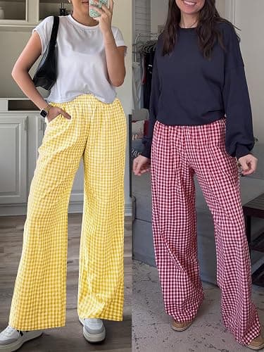 ANRABESS Womens Striped Gingham Palazzo Pants | Wide Leg Smocked High Waisted Pajama Pants, Lounge & Casual, Summer Fall Cute Pants with Pockets thumbnail 6