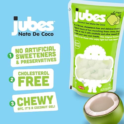 Jubes Strawberry Nata De Coco Jelly Cubes, 12.7 oz - Strawberry Coconut Jelly Cubes for Sago - Coconut Gel in Syrup Toppings for Fruit Tea, Boba, Bubble Tea, Drinks, Desserts Yogurt, Ice Cream, Beverage thumbnail 6