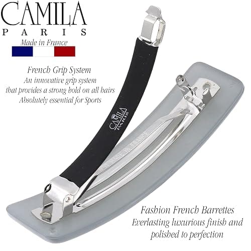 Camila Paris CP3445 French Hair Barrette Clip for Girls, Gray, Rubberized Automatic Clasp Strong Hold Grip Hair Clips for Women, No Slip and Durable Styling Girls Hair Accessories, Made in France thumbnail 4