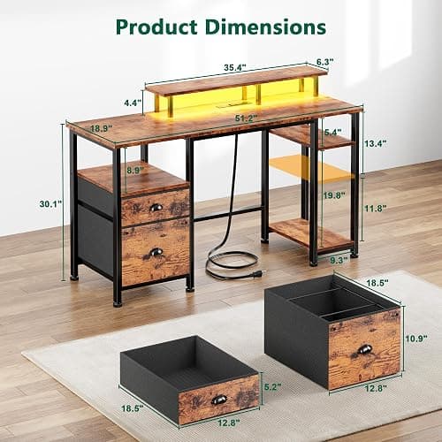 Furologee 51" Computer Desk with Power Outlet and LED Lights, Reversible Home Office Desk with File Cabinet & Monitor Stand, Large Gaming Table with Storage Shelves & Drawer, Rustic Brown thumbnail 2