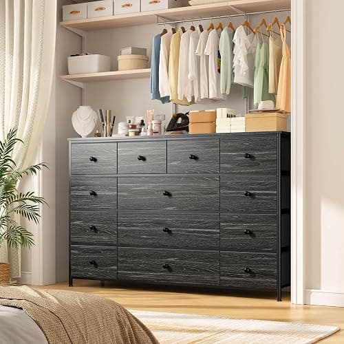 Black Dresser TV Stand with 13 Fabric Dresser 45 Inch TV Stand for Bedroom Chests of Drawers for Bedroom, Entryway, Wood Top and Sturdy Frame thumbnail 4