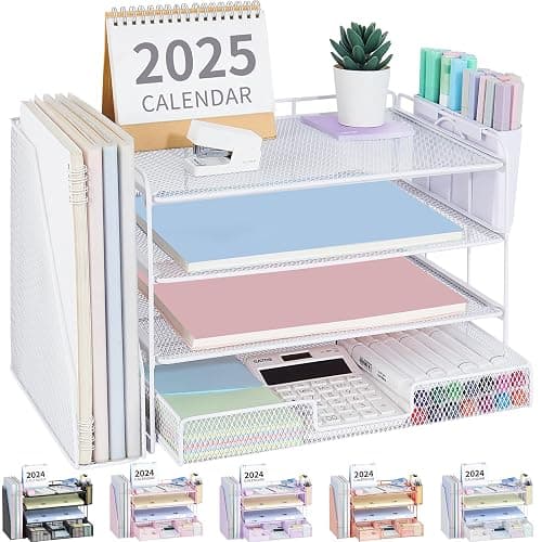 OPNICE Desk Organizer and Accessories, 4-Tier Desktop File Organizer with Drawer and 2 Pen Holders, Office Desk Accessories, File Sorters, Workspace Organizers for Office Supplies(White) - Image 1