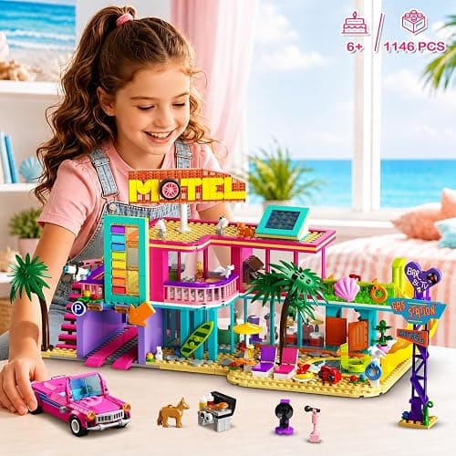 HOGOKIDS 3-in-1 Friends Motel Building Set with LED & Car for Girls Age 8+ | Foldable design with guest rooms, balcony, pool area, gas station and campsite for imaginative road-trip and vacation play thumbnail 7