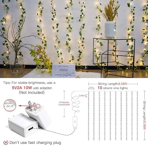 suddus Vines with Light for Bedroom, 200 LED Fairy Lights with Vines, Ivy Curtain Lights for Dorm, Wedding, Party, Wall, Indoor, Outdoor Decor, 6.5ft x 6.5ft thumbnail 3