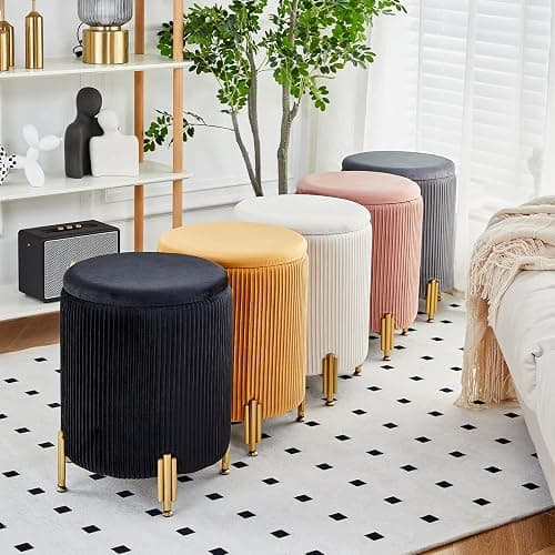 Mxfurhawa Round Ottoman Foot Stool with Storage and Metal Legs for Living Room Bedroom, Velvet Upholstered Footrest Stool Support 300lbs Modern Padded Seat Ottoman Coffee Table (Black) thumbnail 9