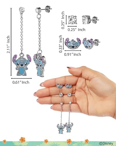 SALLY ROSE Stitch Earrings Fashion Set of 6 Pairs Official License | Multicolored Crystal Studs and Drop Earrings, Disney Gifts thumbnail 4