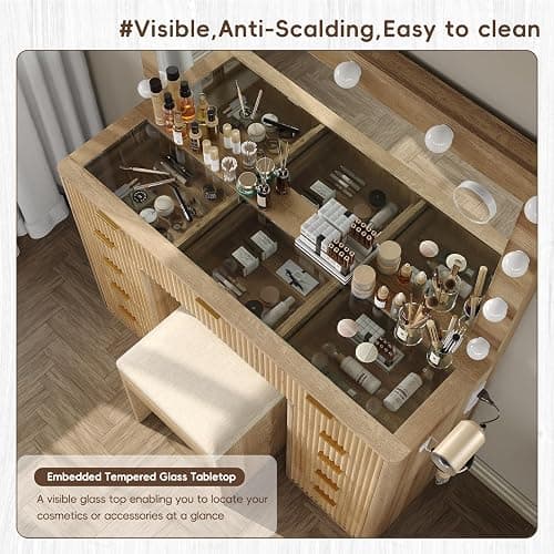 Cozynome 47" Vanity Desk with 3-Color LED Mirror & 11 Drawers, Fluted Makeup Vanity with Glass Top, Charging Station (2 Outlets, 2 USB), Includes Vanity Stool, for Bedroom, Natural thumbnail 7