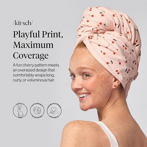 Kitsch XL Microfiber Hair Towel Wrap for Women – Ultra Absorbent Microfiber Bath Towels for Wet, Curly, Long or Short Hair – Anti-Frizz Hair Wrap, Great Hair Products Gift for Women – Cherry Print thumbnail 2