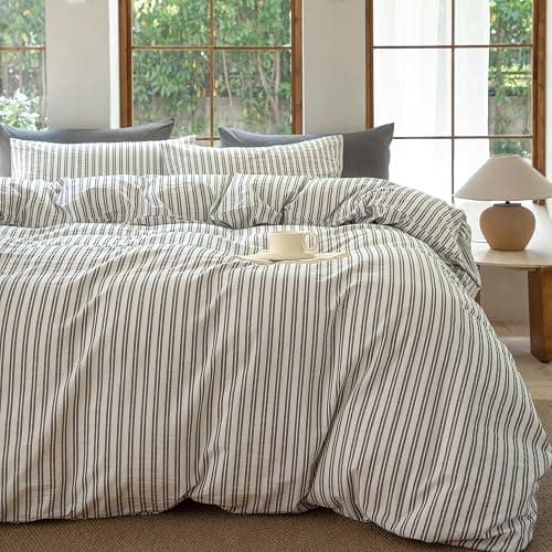 BESTDESIL Striped Duvet Cover Set,100% Washed Cotton Line Like Breathable Trendy Bedding Set(Strip-White/Black,Full) - Image 1