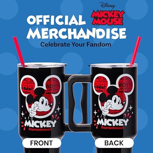 Silver Buffalo Disney Mickey Mouse, Stainless Steel Tumbler, 40oz | Classic Hashtag Current Mood #currentmood, Double Walled, Handle, Straw, Fits in Standard Cup Holder, 1.18 Liters thumbnail 6