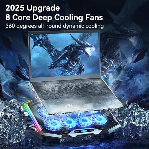 ICE COOREL Gaming Laptop Cooling Pad with 8 Cooling Fans, Laptop Fan Cooler Pad for 15-17.3 Inch, Notebook Cooler Stand with 6 Height Adjustable, RGB Cooling Pad with Two USB Port + Phone Stand thumbnail 2
