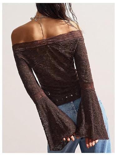 BEAUDRM Women's Lace Off The Shoulder Tops Boho Western Bell Sleeve Top | Sheer Mesh, Foral Lace, Flare Sleeve, Long Sleeve, Boho, Western, Gothic, Fitted T Shirts thumbnail 2