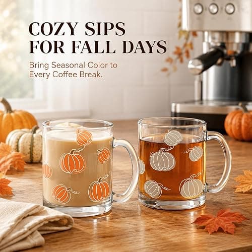 RimCereal 4 Pcs Fall Glass Coffee Mugs, 12oz Pumpkin Mug with Handle | Cute Pumpkin Coffee Cups Thanksgiving Autumn Harvest Fall Glass Cup for Drinking Beverage Tea Milk thumbnail 5