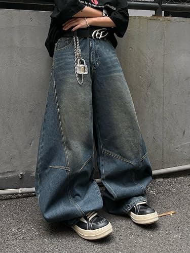 DFGIGT Men's Vintage Baggy Barrel Wide Leg Jeans Structured Stitching Loose Fit Retro Casual Streetwear Denim Pants thumbnail 3